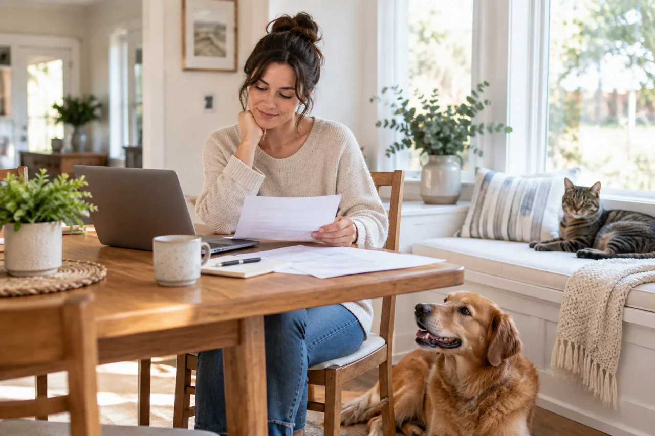 Owner working at a dining table with a dog and cat nearby