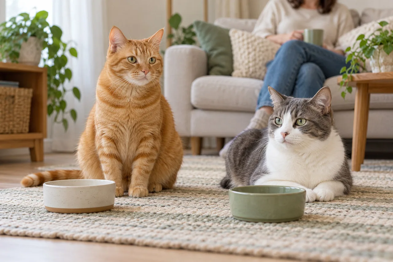 Two cats beside their bowls at home